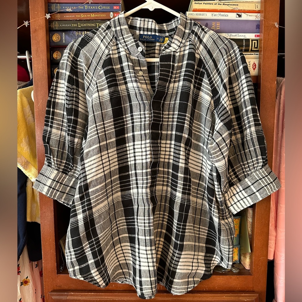 Women’s Polo Ralph Lauren Check-Print Linen Shirt. Size 12.